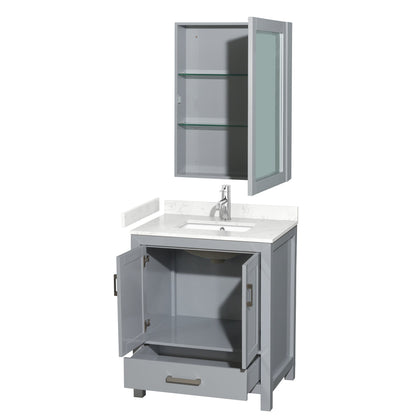 Wyndham Collection Sheffield 30" Single Bathroom Vanity in Gray, Carrara Cultured Marble Countertop, Undermount Square Sink, Medicine Cabinet