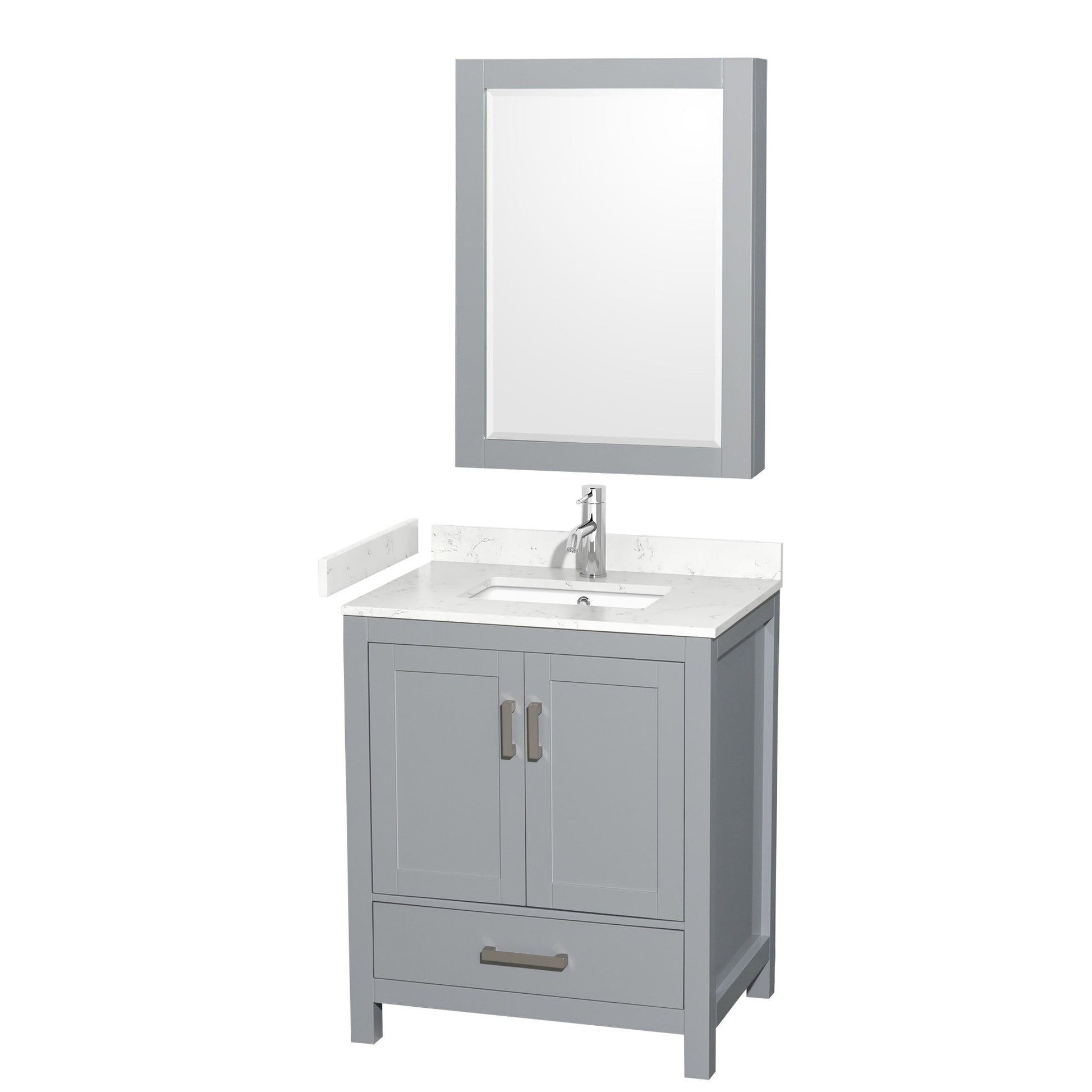 Wyndham Collection Sheffield 30" Single Bathroom Vanity in Gray, Carrara Cultured Marble Countertop, Undermount Square Sink, Medicine Cabinet