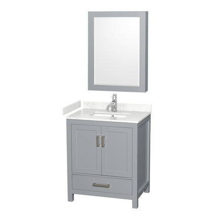 Wyndham Collection Sheffield 30" Single Bathroom Vanity in Gray, Carrara Cultured Marble Countertop, Undermount Square Sink, Medicine Cabinet