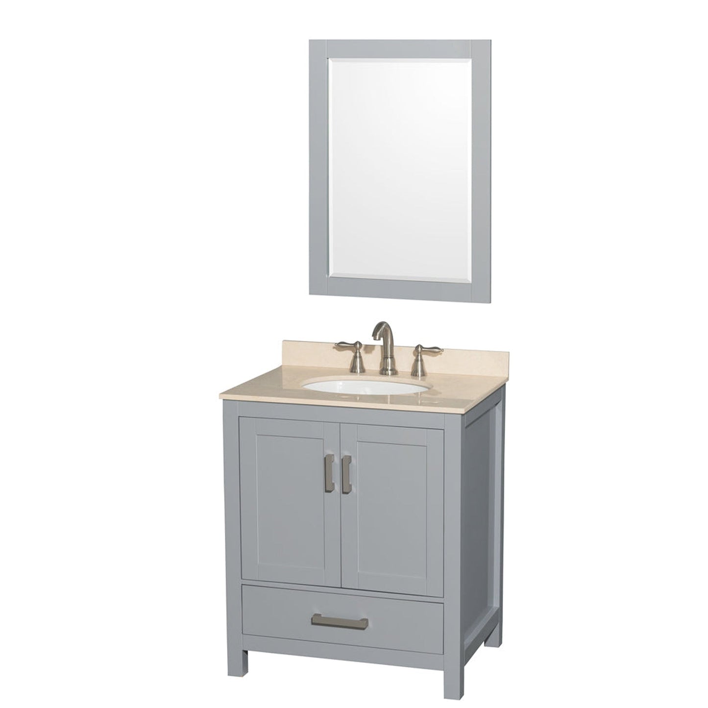 Wyndham Collection Sheffield 30" Single Bathroom Vanity in Gray, Ivory Marble Countertop, Undermount Oval Sink, and 24" Mirror