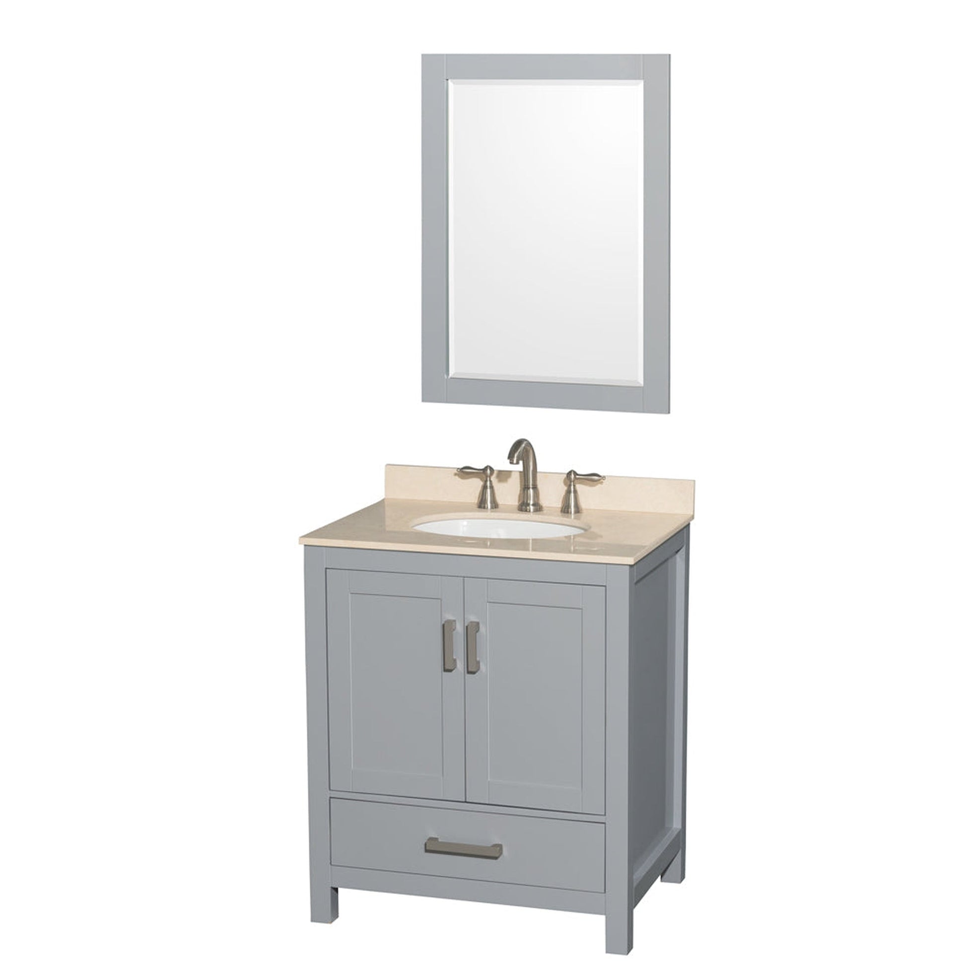 Wyndham Collection Sheffield 30" Single Bathroom Vanity in Gray, Ivory Marble Countertop, Undermount Oval Sink, and 24" Mirror