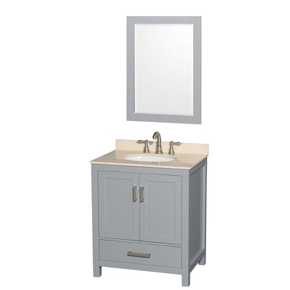 Wyndham Collection Sheffield 30" Single Bathroom Vanity in Gray, Ivory Marble Countertop, Undermount Oval Sink, and 24" Mirror