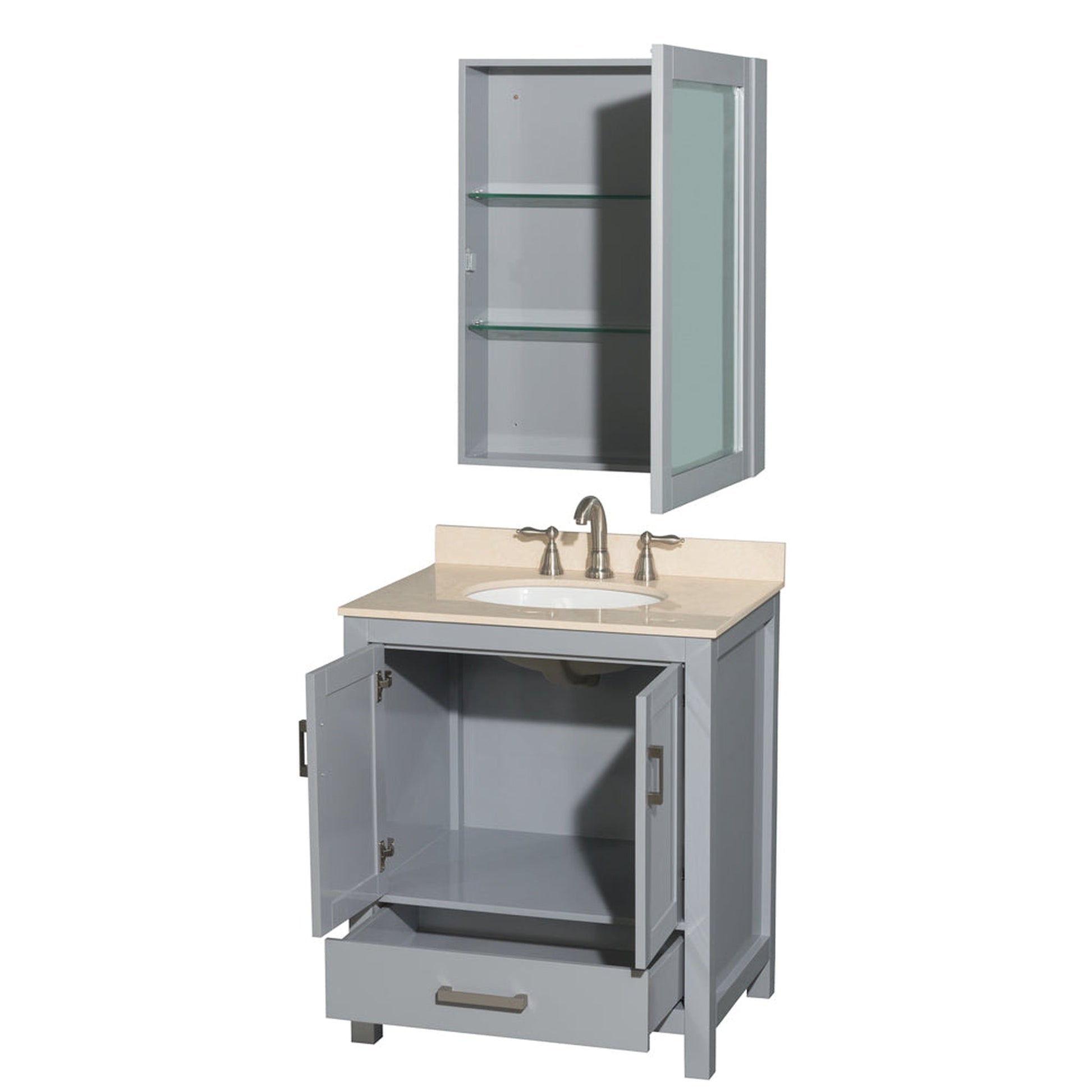 Wyndham Collection Sheffield 30" Single Bathroom Vanity in Gray, Ivory Marble Countertop, Undermount Oval Sink, and Medicine Cabinet