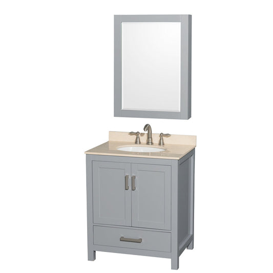 Wyndham Collection Sheffield 30" Single Bathroom Vanity in Gray, Ivory Marble Countertop, Undermount Oval Sink, and Medicine Cabinet