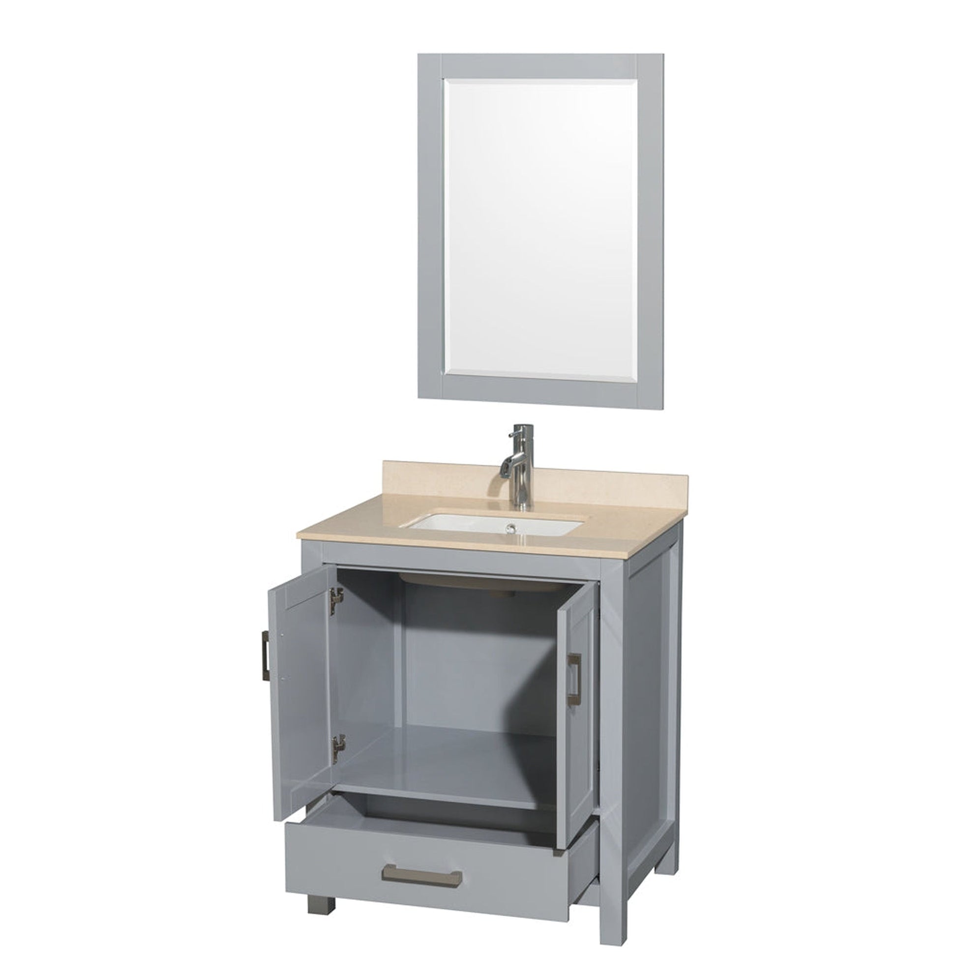 Wyndham Collection Sheffield 30" Single Bathroom Vanity in Gray, Ivory Marble Countertop, Undermount Square Sink, and 24" Mirror