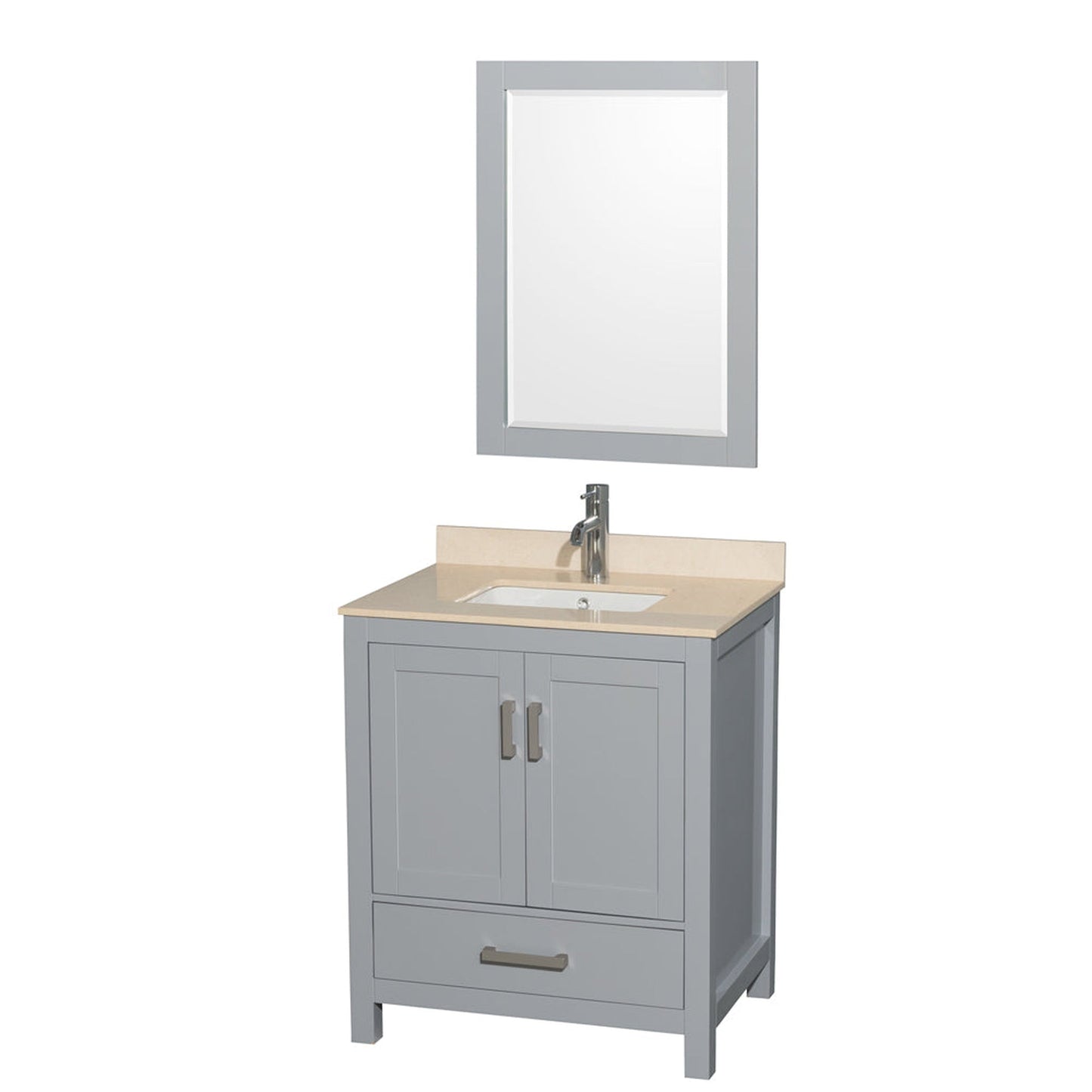 Wyndham Collection Sheffield 30" Single Bathroom Vanity in Gray, Ivory Marble Countertop, Undermount Square Sink, and 24" Mirror