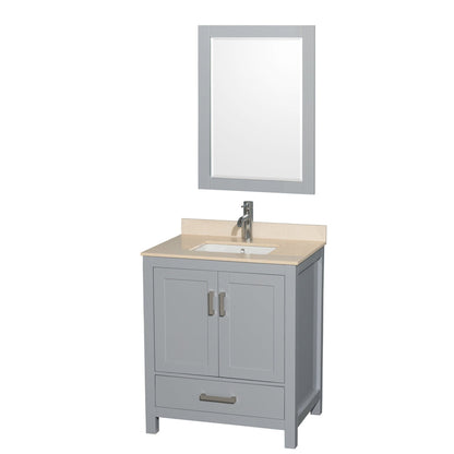 Wyndham Collection Sheffield 30" Single Bathroom Vanity in Gray, Ivory Marble Countertop, Undermount Square Sink, and 24" Mirror