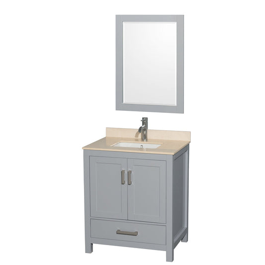 Wyndham Collection Sheffield 30" Single Bathroom Vanity in Gray, Ivory Marble Countertop, Undermount Square Sink, and 24" Mirror