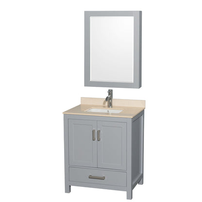 Wyndham Collection Sheffield 30" Single Bathroom Vanity in Gray, Ivory Marble Countertop, Undermount Square Sink, and Medicine Cabinet