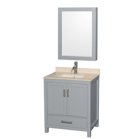 Wyndham Collection Sheffield 30" Single Bathroom Vanity in Gray, Ivory Marble Countertop, Undermount Square Sink, and Medicine Cabinet
