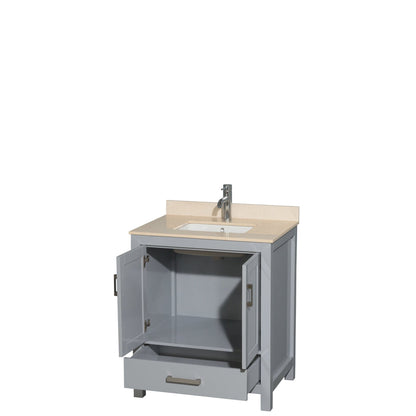 Wyndham Collection Sheffield 30" Single Bathroom Vanity in Gray, Ivory Marble Countertop, Undermount Square Sink, and No Mirror