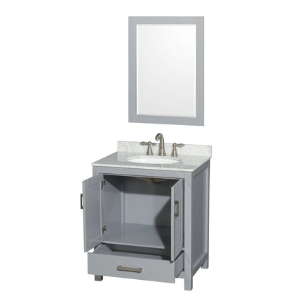 Wyndham Collection Sheffield 30" Single Bathroom Vanity in Gray, White Carrara Marble Countertop, Undermount Oval Sink, and 24" Mirror