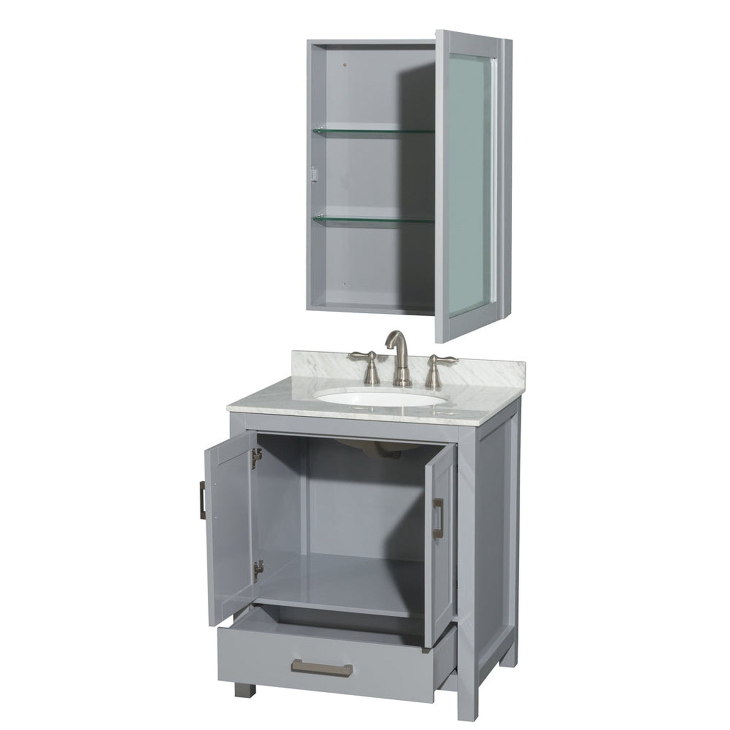 Wyndham Collection Sheffield 30" Single Bathroom Vanity in Gray, White Carrara Marble Countertop, Undermount Oval Sink, and Medicine Cabinet