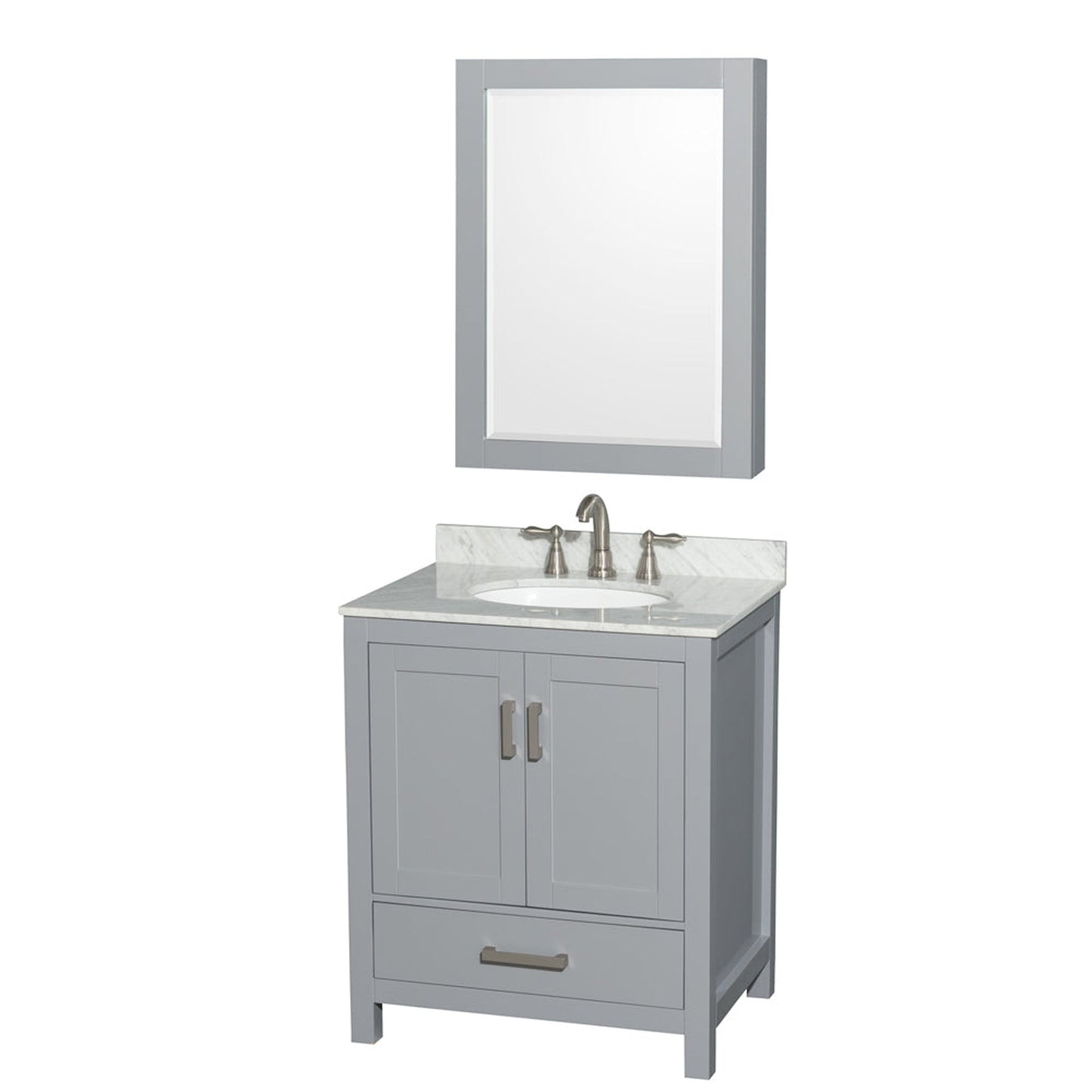 Wyndham Collection Sheffield 30" Single Bathroom Vanity in Gray, White Carrara Marble Countertop, Undermount Oval Sink, and Medicine Cabinet