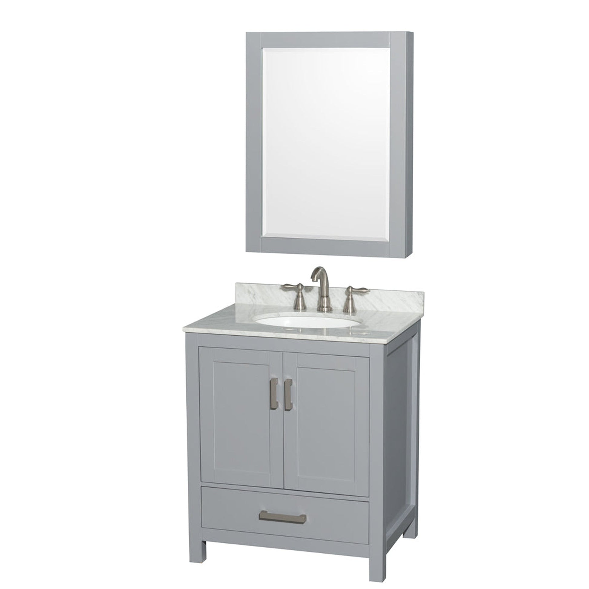 Wyndham Collection Sheffield 30" Single Bathroom Vanity in Gray, White Carrara Marble Countertop, Undermount Oval Sink, and Medicine Cabinet