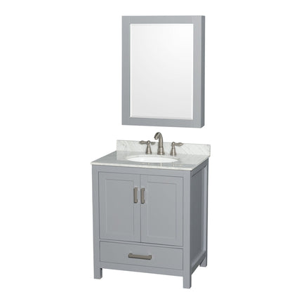 Wyndham Collection Sheffield 30" Single Bathroom Vanity in Gray, White Carrara Marble Countertop, Undermount Oval Sink, and Medicine Cabinet