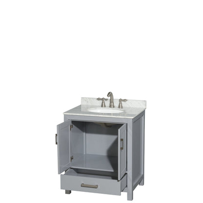 Wyndham Collection Sheffield 30" Single Bathroom Vanity in Gray, White Carrara Marble Countertop, Undermount Oval Sink, and No Mirror