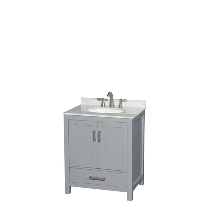 Wyndham Collection Sheffield 30" Single Bathroom Vanity in Gray, White Carrara Marble Countertop, Undermount Oval Sink, and No Mirror