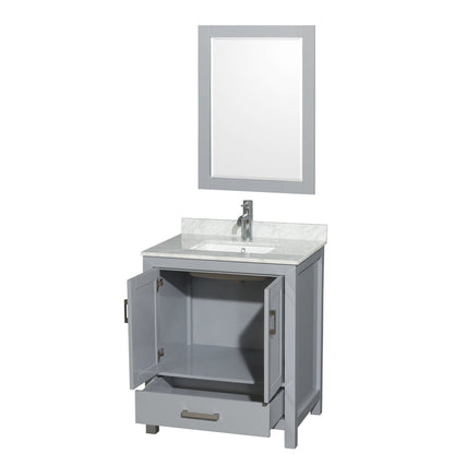 Wyndham Collection Sheffield 30" Single Bathroom Vanity in Gray, White Carrara Marble Countertop, Undermount Square Sink, and 24" Mirror