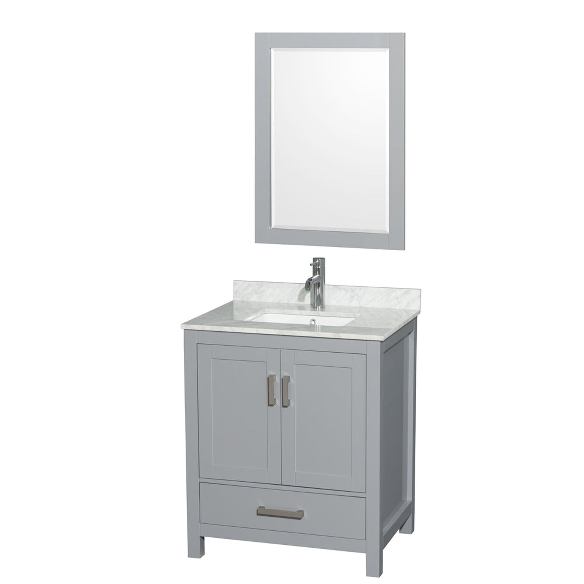 Wyndham Collection Sheffield 30" Single Bathroom Vanity in Gray, White Carrara Marble Countertop, Undermount Square Sink, and 24" Mirror