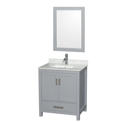Wyndham Collection Sheffield 30" Single Bathroom Vanity in Gray, White Carrara Marble Countertop, Undermount Square Sink, and 24" Mirror