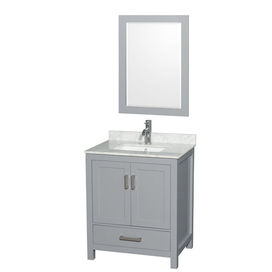 Wyndham Collection Sheffield 30" Single Bathroom Vanity in Gray, White Carrara Marble Countertop, Undermount Square Sink, and 24" Mirror