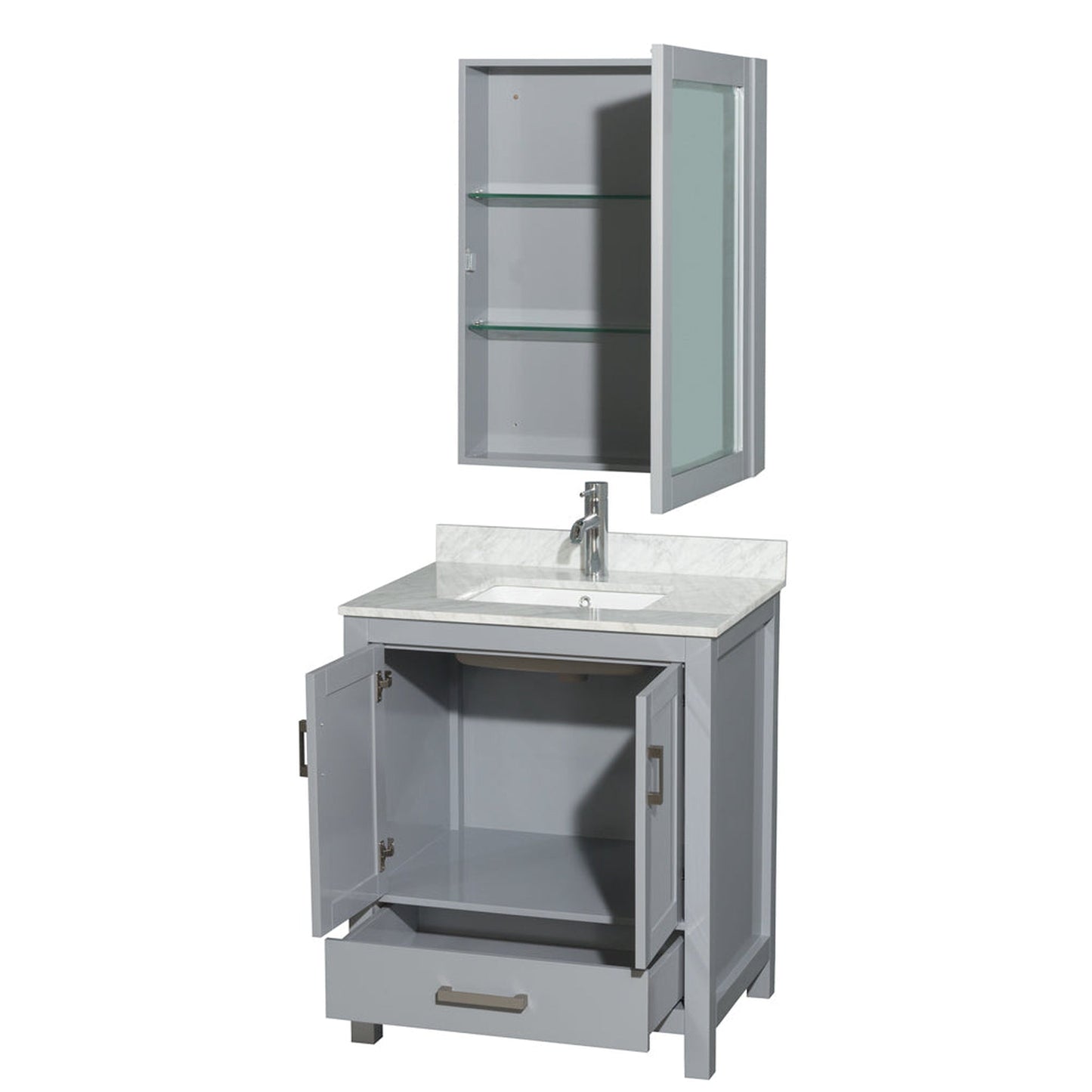 Wyndham Collection Sheffield 30" Single Bathroom Vanity in Gray, White Carrara Marble Countertop, Undermount Square Sink, and Medicine Cabinet