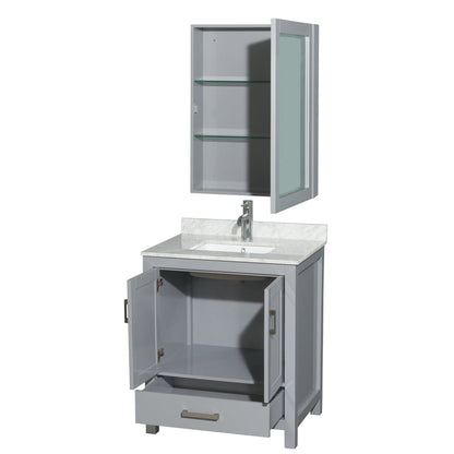 Wyndham Collection Sheffield 30" Single Bathroom Vanity in Gray, White Carrara Marble Countertop, Undermount Square Sink, and Medicine Cabinet