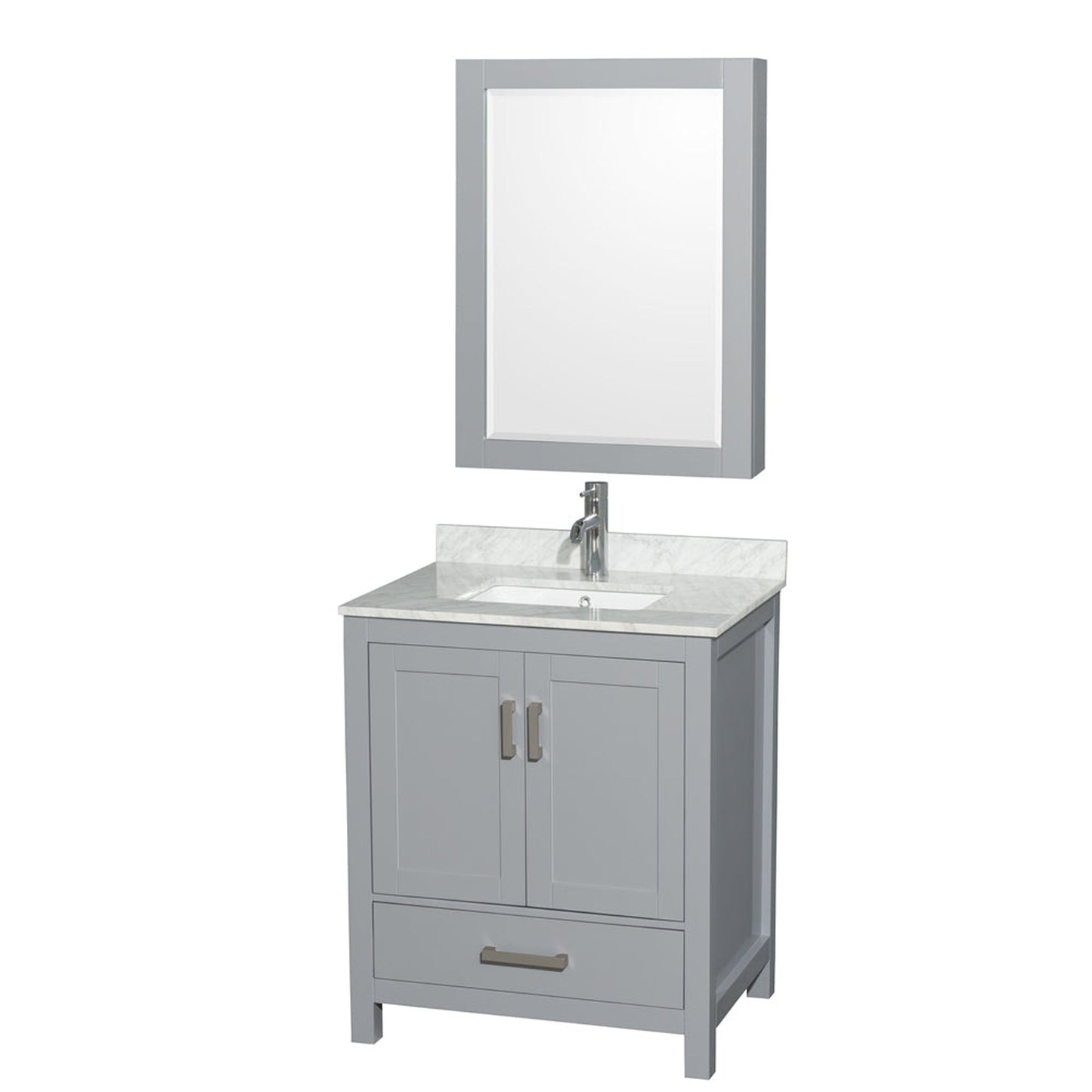 Wyndham Collection Sheffield 30" Single Bathroom Vanity in Gray, White Carrara Marble Countertop, Undermount Square Sink, and Medicine Cabinet