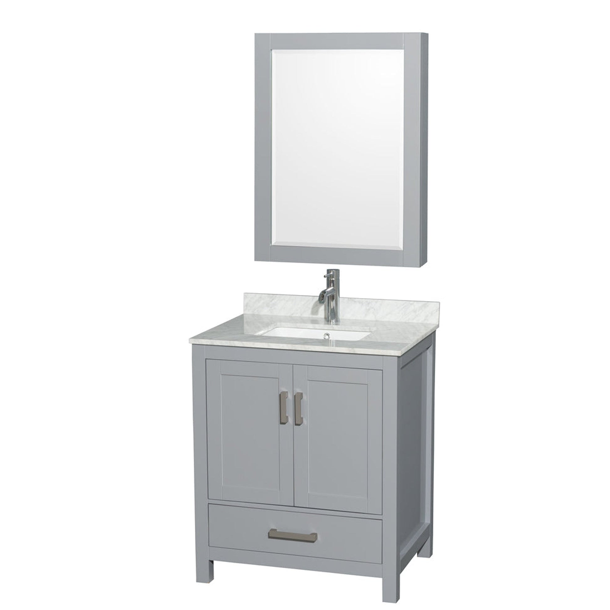 Wyndham Collection Sheffield 30" Single Bathroom Vanity in Gray, White Carrara Marble Countertop, Undermount Square Sink, and Medicine Cabinet