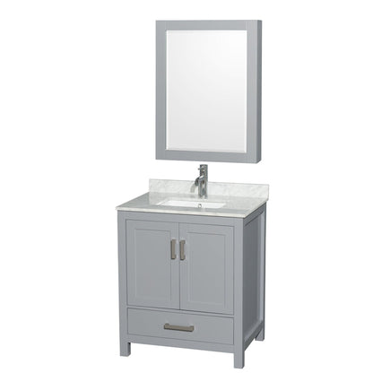 Wyndham Collection Sheffield 30" Single Bathroom Vanity in Gray, White Carrara Marble Countertop, Undermount Square Sink, and Medicine Cabinet