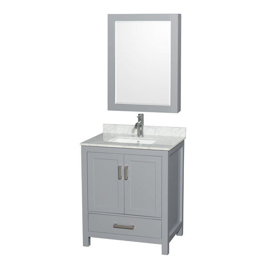 Wyndham Collection Sheffield 30" Single Bathroom Vanity in Gray, White Carrara Marble Countertop, Undermount Square Sink, and Medicine Cabinet