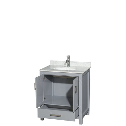 Wyndham Collection Sheffield 30" Single Bathroom Vanity in Gray, White Carrara Marble Countertop, Undermount Square Sink, and No Mirror