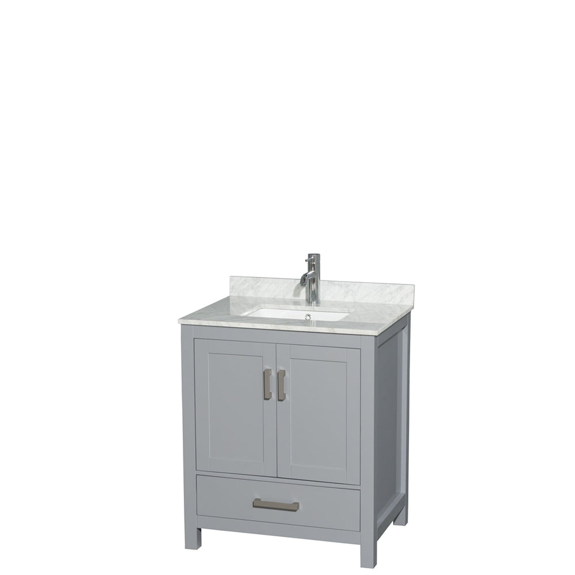 Wyndham Collection Sheffield 30" Single Bathroom Vanity in Gray, White Carrara Marble Countertop, Undermount Square Sink, and No Mirror