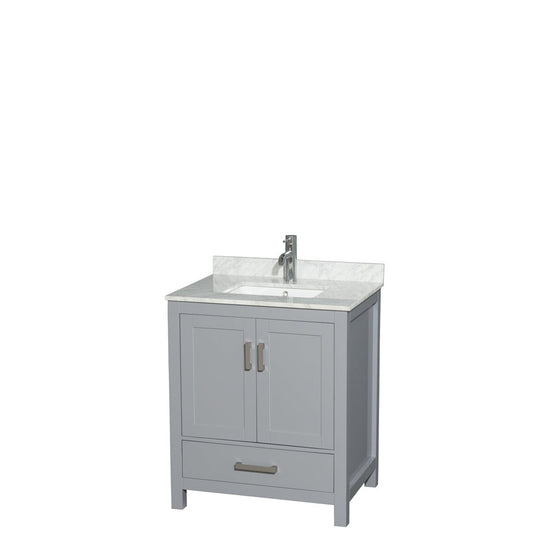 Wyndham Collection Sheffield 30" Single Bathroom Vanity in Gray, White Carrara Marble Countertop, Undermount Square Sink, and No Mirror