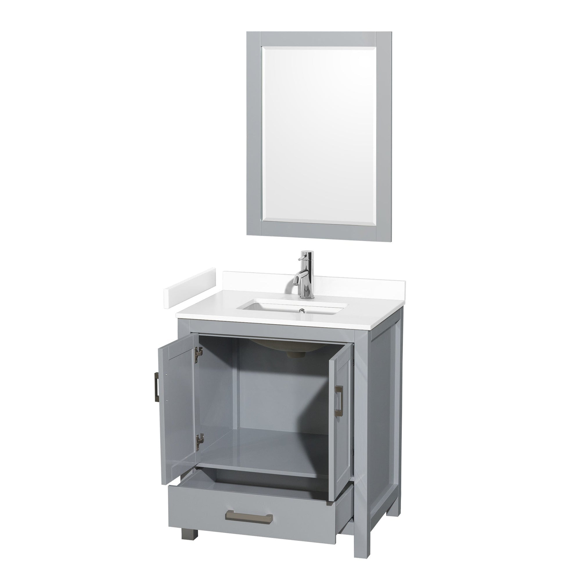 Wyndham Collection Sheffield 30" Single Bathroom Vanity in Gray, White Cultured Marble Countertop, Undermount Square Sink, 24" Mirror