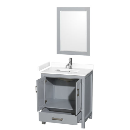 Wyndham Collection Sheffield 30" Single Bathroom Vanity in Gray, White Cultured Marble Countertop, Undermount Square Sink, 24" Mirror