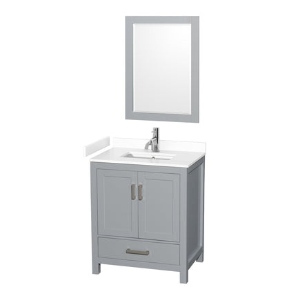 Wyndham Collection Sheffield 30" Single Bathroom Vanity in Gray, White Cultured Marble Countertop, Undermount Square Sink, 24" Mirror