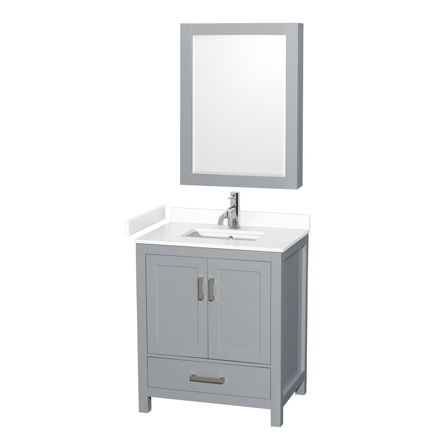 Wyndham Collection Sheffield 30" Single Bathroom Vanity in Gray, White Cultured Marble Countertop, Undermount Square Sink, Medicine Cabinet