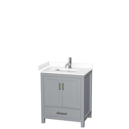 Wyndham Collection Sheffield 30" Single Bathroom Vanity in Gray, White Cultured Marble Countertop, Undermount Square Sink, No Mirror