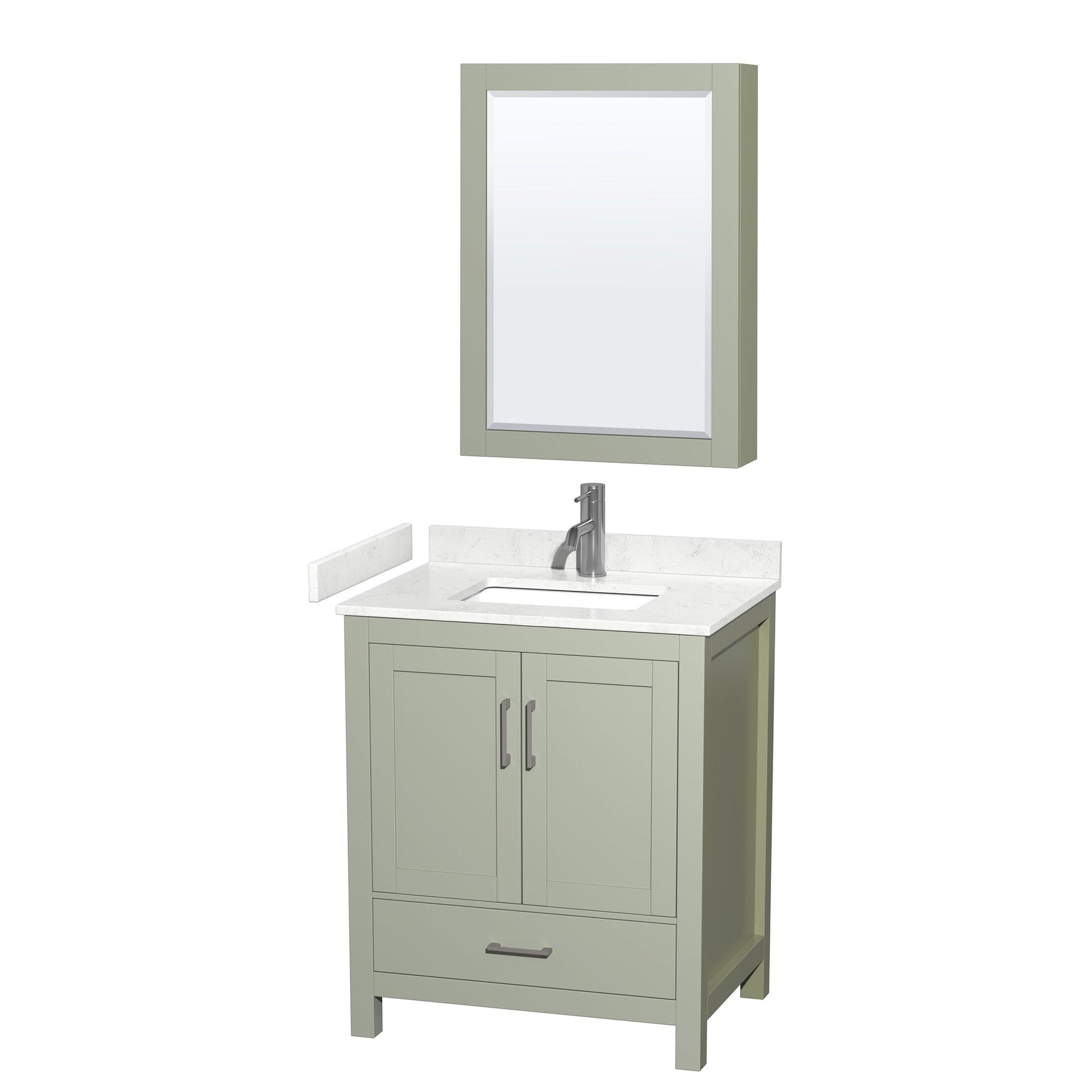 Wyndham Collection Sheffield 30" Single Bathroom Vanity in Light Green, Carrara Cultured Marble Countertop, Undermount Square Sink, Brushed Nickel Trim, Medicine Cabinet