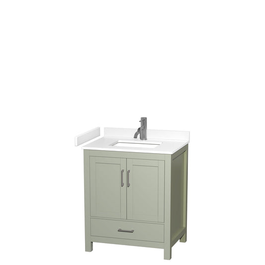 Wyndham Collection Sheffield 30" Single Bathroom Vanity in Light Green, White Cultured Marble Countertop, Undermount Square Sink, Brushed Nickel Trim