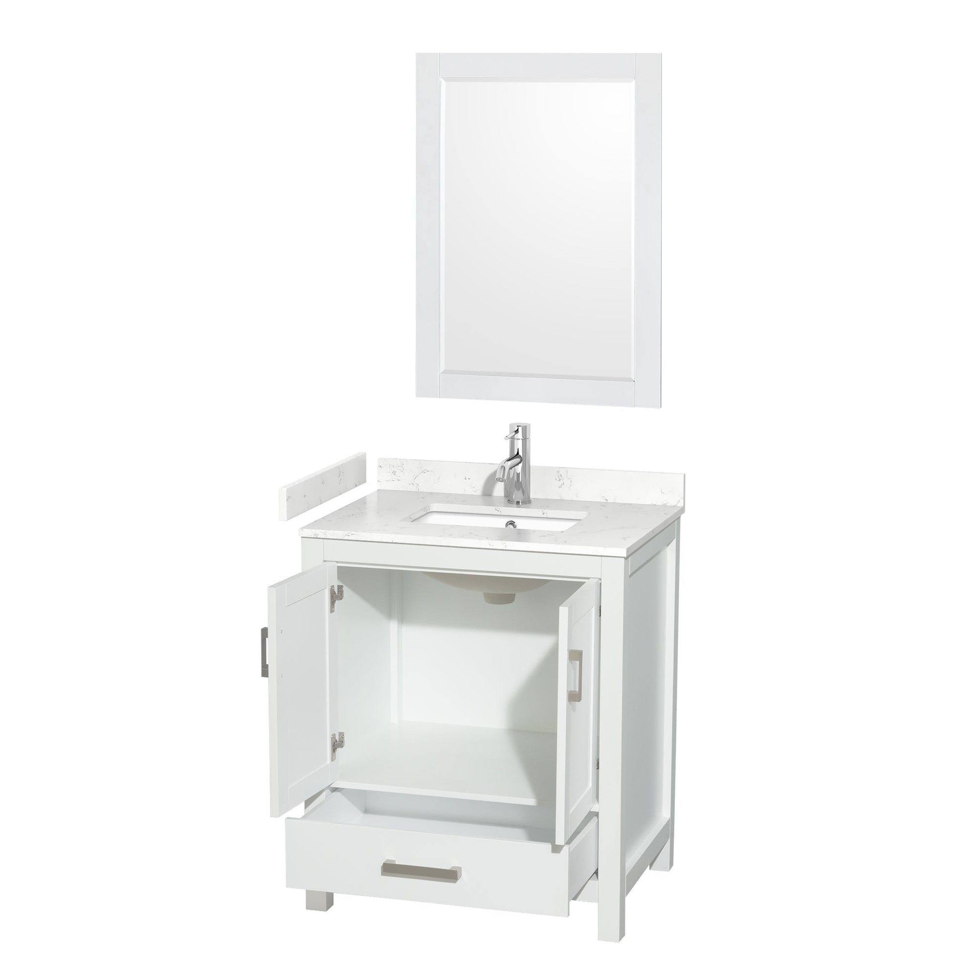 Wyndham Collection Sheffield 30" Single Bathroom Vanity in White, Carrara Cultured Marble Countertop, Undermount Square Sink, 24" Mirror