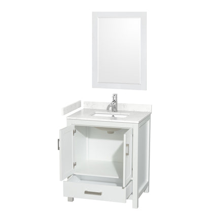 Wyndham Collection Sheffield 30" Single Bathroom Vanity in White, Carrara Cultured Marble Countertop, Undermount Square Sink, 24" Mirror