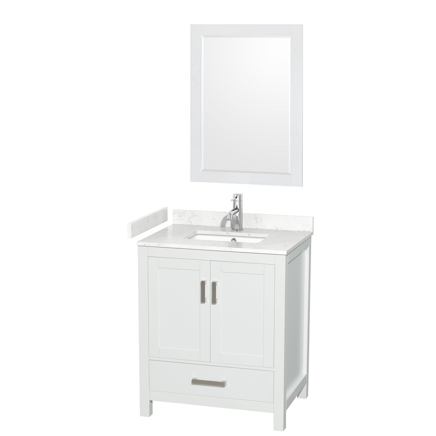 Wyndham Collection Sheffield 30" Single Bathroom Vanity in White, Carrara Cultured Marble Countertop, Undermount Square Sink, 24" Mirror
