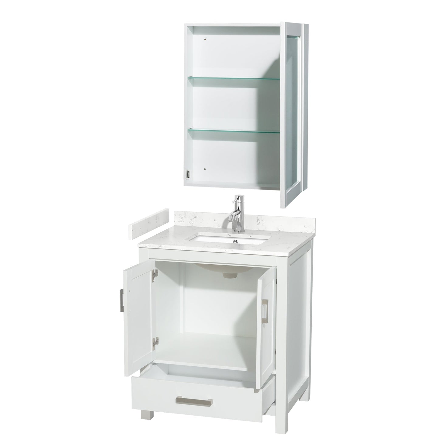 Wyndham Collection Sheffield 30" Single Bathroom Vanity in White, Carrara Cultured Marble Countertop, Undermount Square Sink, Medicine Cabinet
