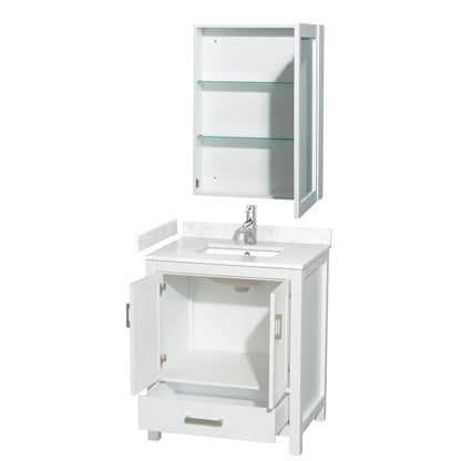 Wyndham Collection Sheffield 30" Single Bathroom Vanity in White, Carrara Cultured Marble Countertop, Undermount Square Sink, Medicine Cabinet