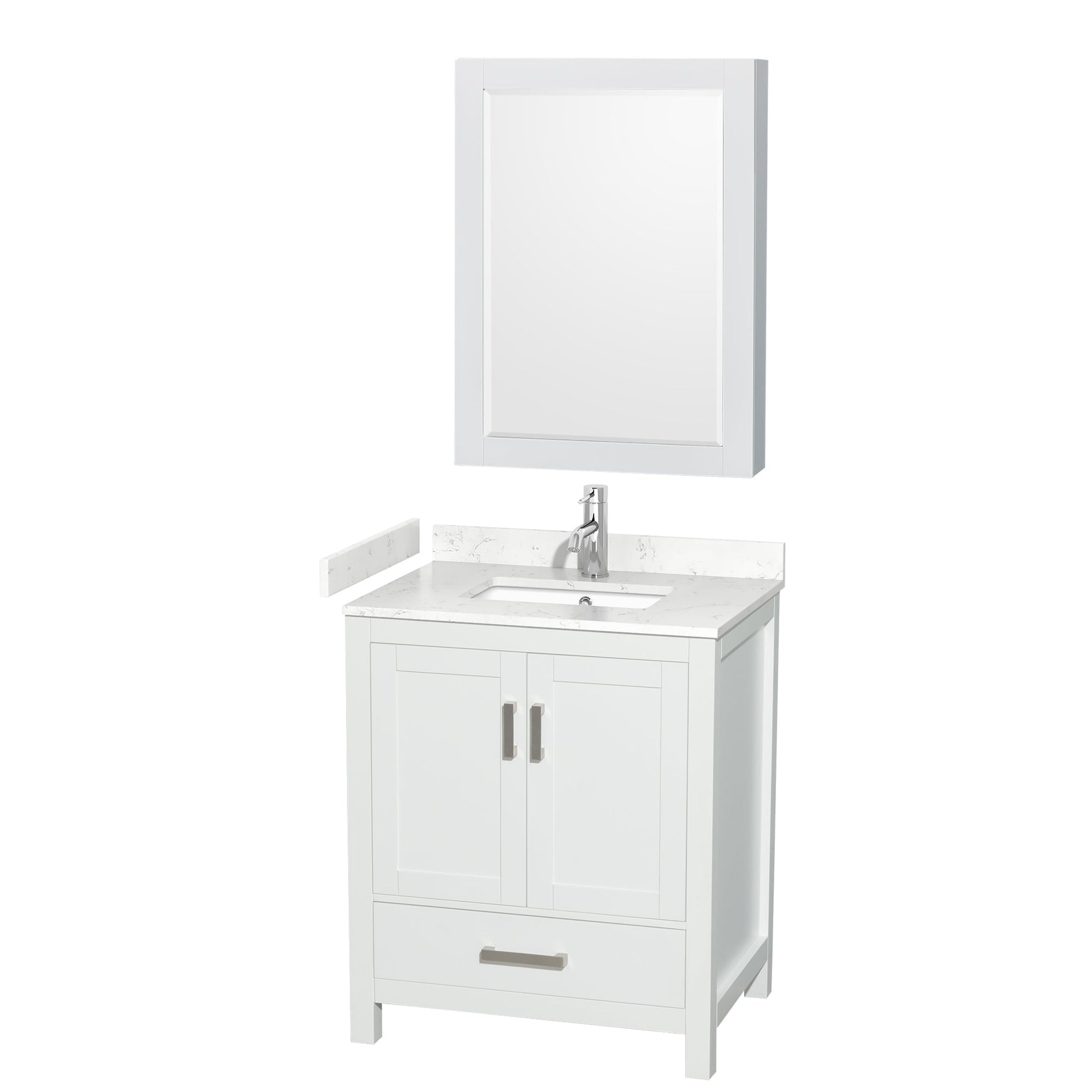 Wyndham Collection Sheffield 30" Single Bathroom Vanity in White, Carrara Cultured Marble Countertop, Undermount Square Sink, Medicine Cabinet