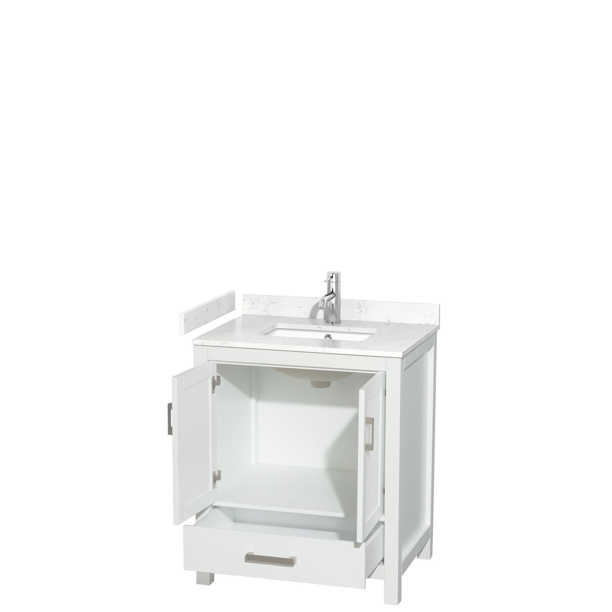 Wyndham Collection Sheffield 30" Single Bathroom Vanity in White, Carrara Cultured Marble Countertop, Undermount Square Sink, No Mirror