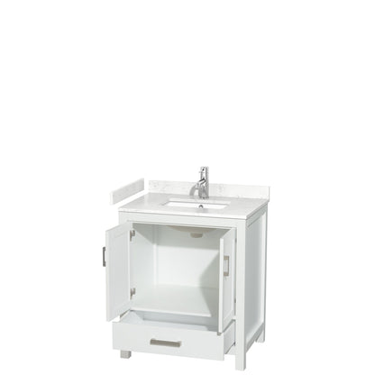 Wyndham Collection Sheffield 30" Single Bathroom Vanity in White, Carrara Cultured Marble Countertop, Undermount Square Sink, No Mirror